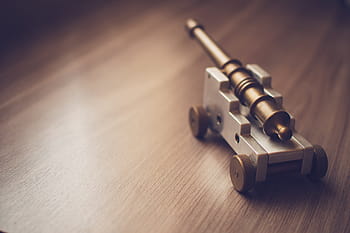 gray, brown, cannon, miniature, surface, canon, toy, objects, wood, indoors, day