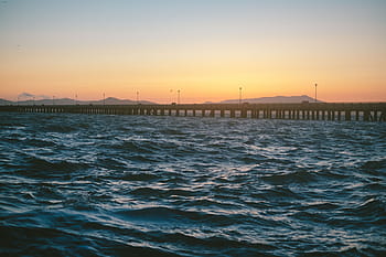 vue sur la plage, le coucher du soleil, mer, océan, eau, vagues, la nature, pont, vue
