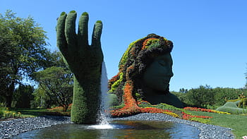 žena, ruka, topiary, panorama fotografie, oříznuté, rostlin, jardín, botanique, Montreal, socha, fontána