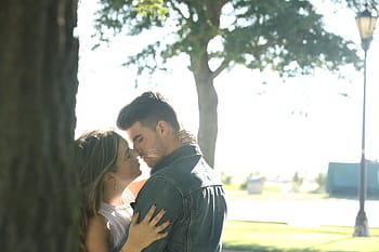 couple, kiss, post, trees, people, girl, woman, man, guy, love, outdoor