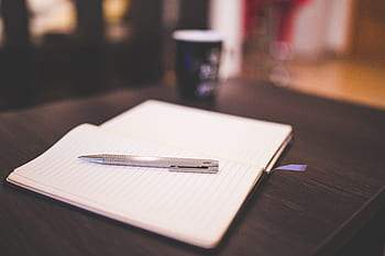 pen, notebook, paper, write, work desk, mug, bokeh