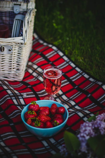 cloth, picnic, outdoor, travel, food, glass, drink, strawberry, fruit, basket, flower