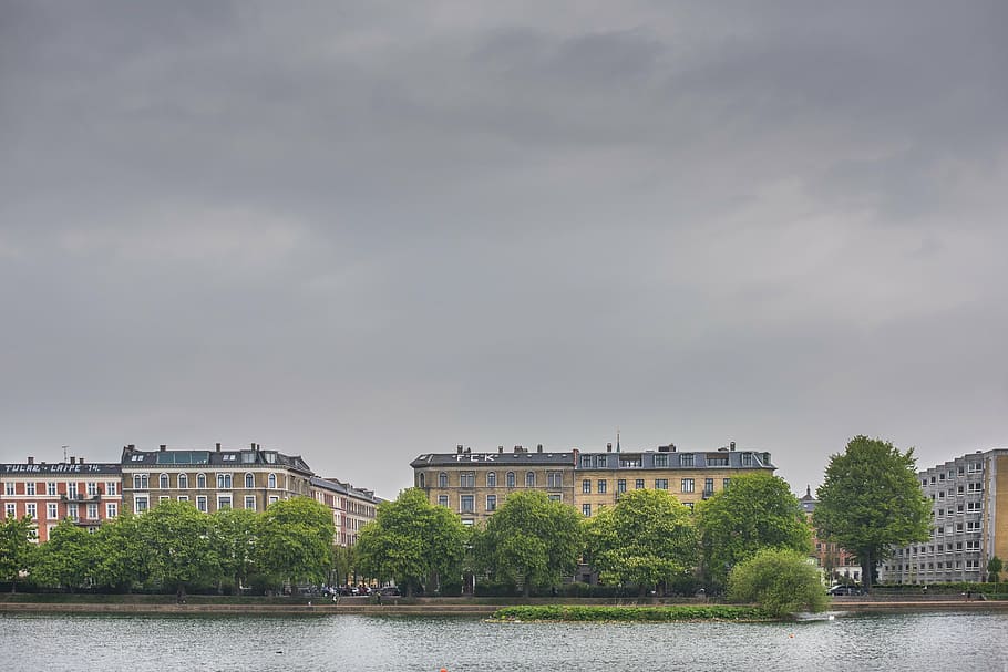 waterfront, buildings, city, architecture, urban, water, view, river, park, trees, apartments