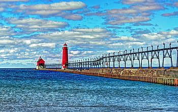 long, exposure photography, red, lighthouse, grand haven pier, lake michigan, light, catwalk, clouds, water, outdoors