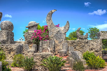 concrete, statues, green, plants, coral castle, homestead, south florida, attraction, blocks, landmark, miami
