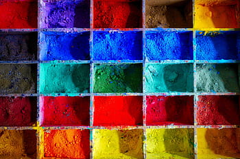 close-up photo, assorted-color powders, wooden, rack, farbpulver, color, pigments, oil paint, colorful, paint boxes, artistically