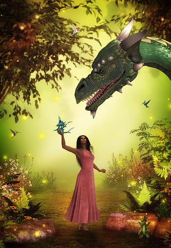 woman, dragon, forest illustration, fantasy, surreal, mystical, fairy tales, fairy tale world, forest