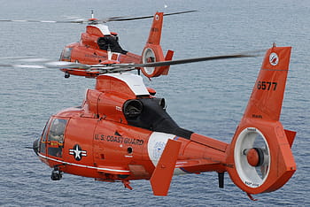 two, red, helicopters, body, water, daytime, mh-65 dolphin, search and rescue, sar, twin-engine, single main rotor