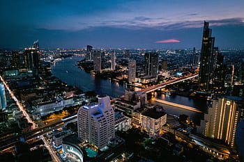 top, view, city buildings, buildings, city, urban, architecture, skyscrapers, sky, water, lights