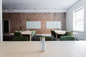 hvit, penner, bord, murstein, stoler, klasserommet, tømme, kontor, rom, tabeller, vegg