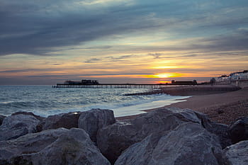 largo, tiro in angolo, prese, tramonto, molo, lungomare, Hastings, est, Sussex, angolo ampio, tiro