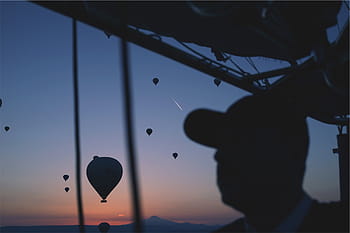 silueta fotografie, muž, sedící, uvnitř, horkovzdušný balón, nošení, Černá, míč, víčko, u, horký