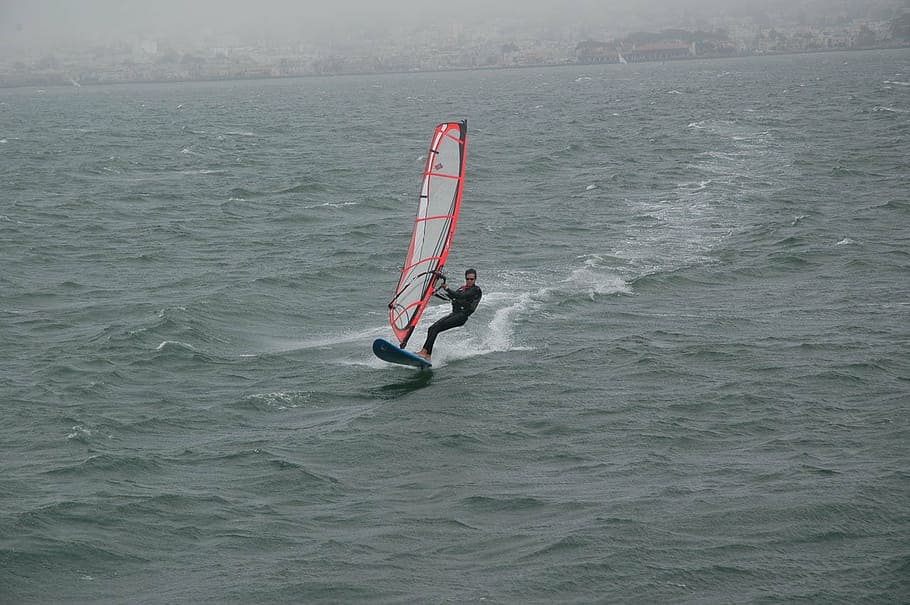 sailboard, sailboarder, sports, recreation, san, bay, sport, sea, windsurfing, men, water Sport
