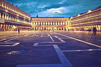 Piazza San Marco, Venice, Italy, square, people, cobblestone, lights, buildings, architecture, night, evening