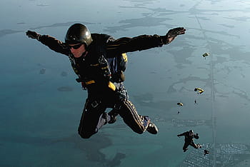 uomo, cielo, immersione, paracadutismo, saltare, caduta, militare, formazione, alto, persone, paracadute