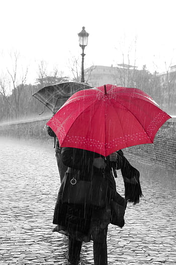 woman under umbrella, rain, water, drops, rainy, rainy day, umbrella, red, color, black and white, weather