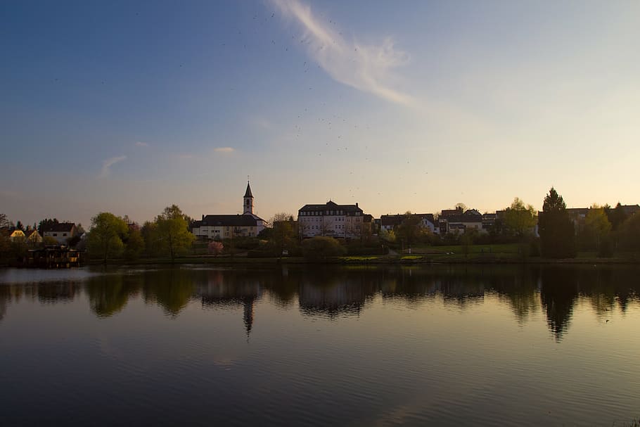západ slunce, kostel, zrcadlení, voda, kostelní věž, nebe, romantika, abendstimmung, budova, dosvit, milovat