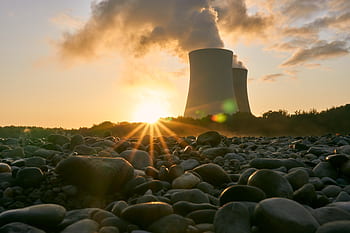 nuclear power plant, cooling tower, sunrise, mood, rhine, river, low tide, nuclear power, atomic energy, smoke, steam