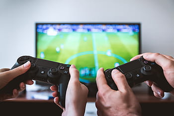 two, person, holding, sony, ps4, dualshock, controllers, front, flat, screen, television