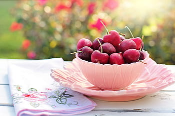 pembe, çanak, kırmızı, meyve, yanında, çiçek, bez, Kiraz, fincan tabağı, kirazlar, kahvaltı