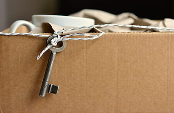 selective, focus photograph, skeleton, key, silver, skeleton key, brown, cardboard, move, new apartment, catchment