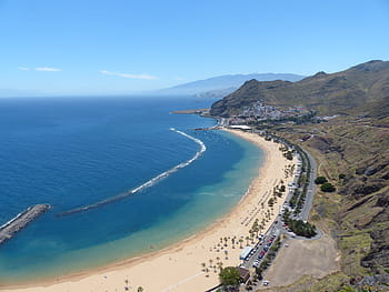 aerial, view, shoreline, mountain, beach, water, sea, coast, sand beach, playa las teresitas, tenerife