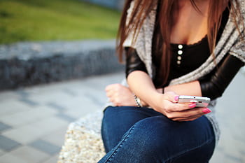 dívka, žena, chytrý telefon, mobilní, pohybliví, technologie, psaní, lidé, móda