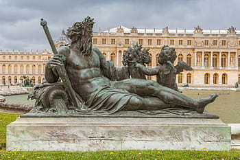 man, holding, sword, two, cherub statue, versailles, paris, statue, royal, historical, chateau