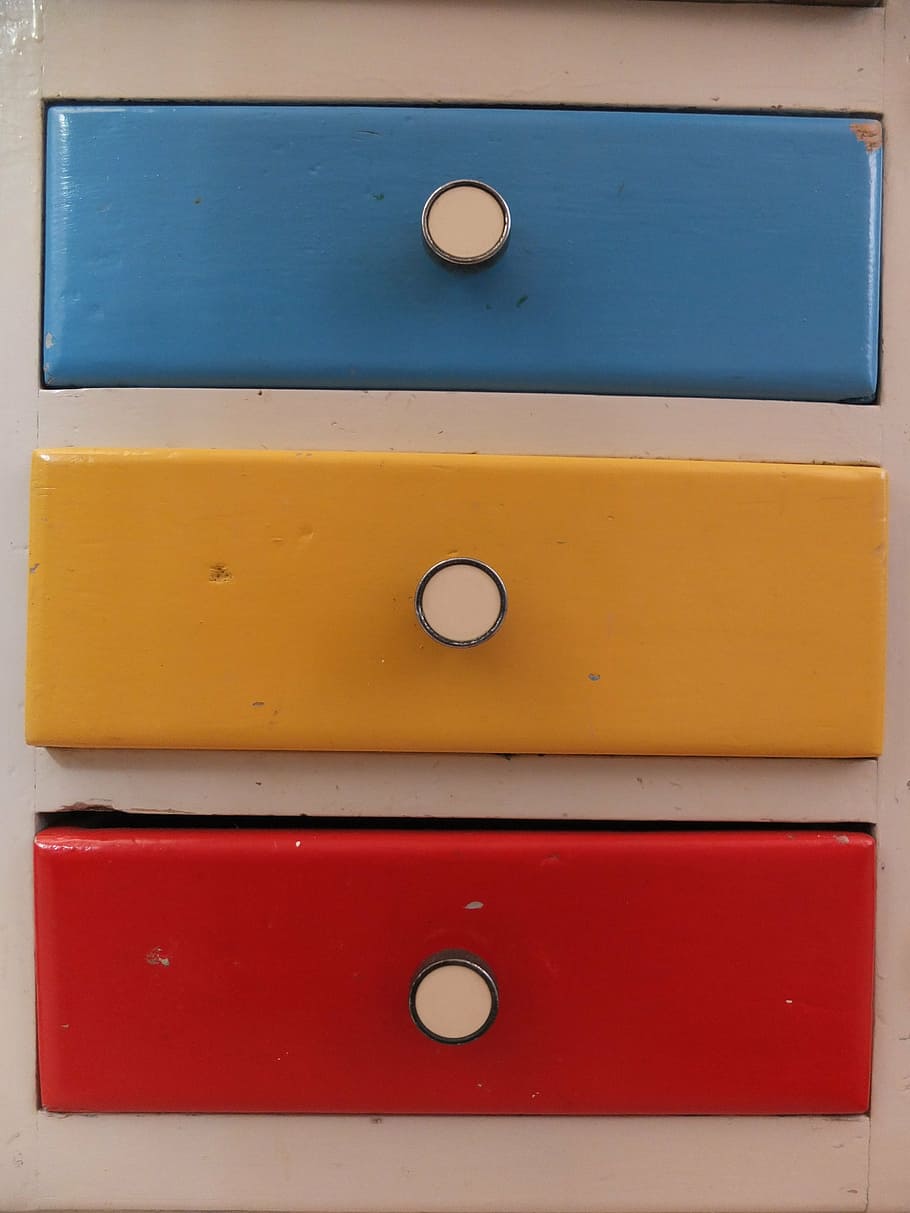 drawers, cabinet, blue, yellow, red, color, knauf