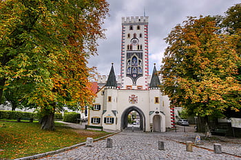 podzim, Bayerova brána, kaštan, historické centrum, architektura, landsberg, středověk, městská brána, městská zeď, idylický, dlažební kámen