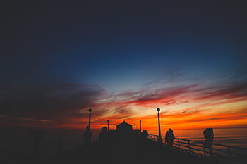 Silhouette, Menschen, Stehen, Dock, golden, Stunde, Brücke, Himmel, Wolken, Meer, Ozean