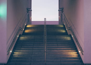 stairs, steps, symmetry, dark, dusk, lights, rails