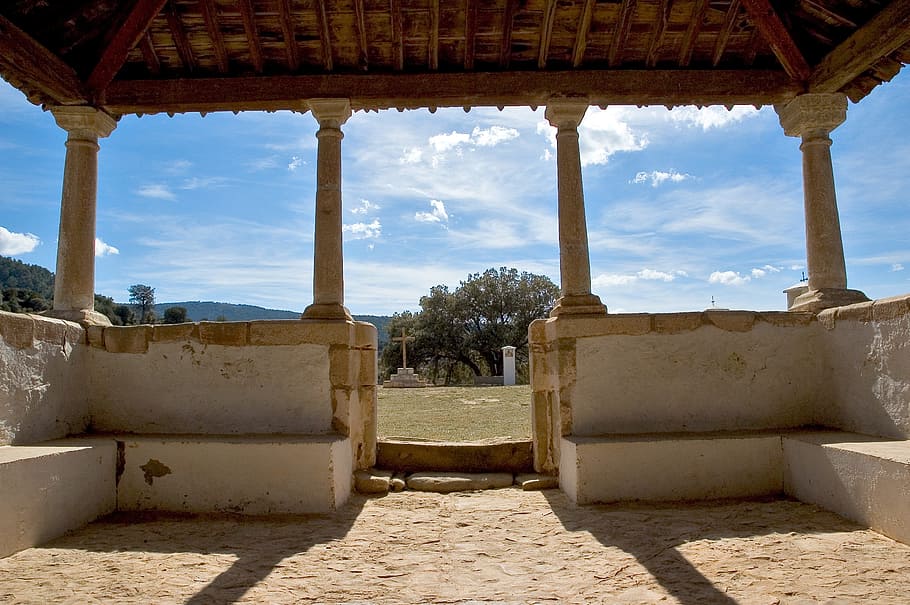 patio, kostel, cruz, Španělsko, cestovní ruch, klášter, středověký, stará budova, oblouky, veranda, portálový