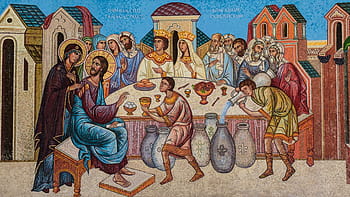 Ježíš Kristus, sedící, hnědý, židle, stůl, manželství v cana, detail, mozaika, ikonografie, ruské církve, náboženství