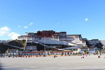 Tibet, palác potala, Čína, Lhasa, scenérie, budova, pláž, náhodné osoby, písek, velká skupina lidí, exteriér budovy
