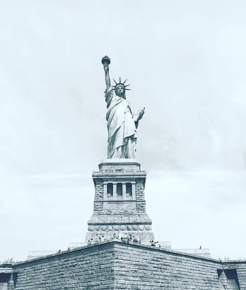 detailní, fotografie, socha, svoboda, modrý, nebe, mraky, sochařství, usa, zeď, lidé