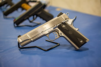 silver, black, 45 caliber pistol, top, blue, surface, pistol, gun, handgun, weapon, firearm