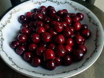 bunch of cherries, gulab, jamon, white, ceramic, bowl, cherries, fruits, food, healthy, food and drink