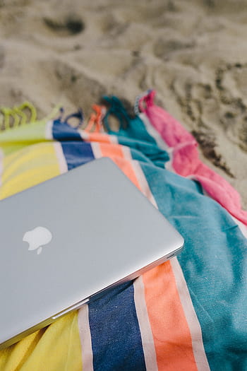 一緒に、 ビーチ、 砂、 夏、 コンピューター、 macbook、 ラップトップ、 毛布、 休日、 休暇、 フラグ