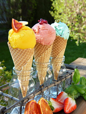 three, assorted-color ice cream, strawberry, grapefruit, daytime, ice cream, waffles, food, ice cream flavors, sun, fruit