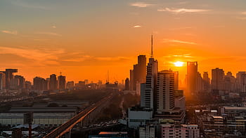 légi, Kilátás, épületek, aranysárga, óra, város, Bangkok, Napkelte, Baiyoke, városkép, felhőkarcoló