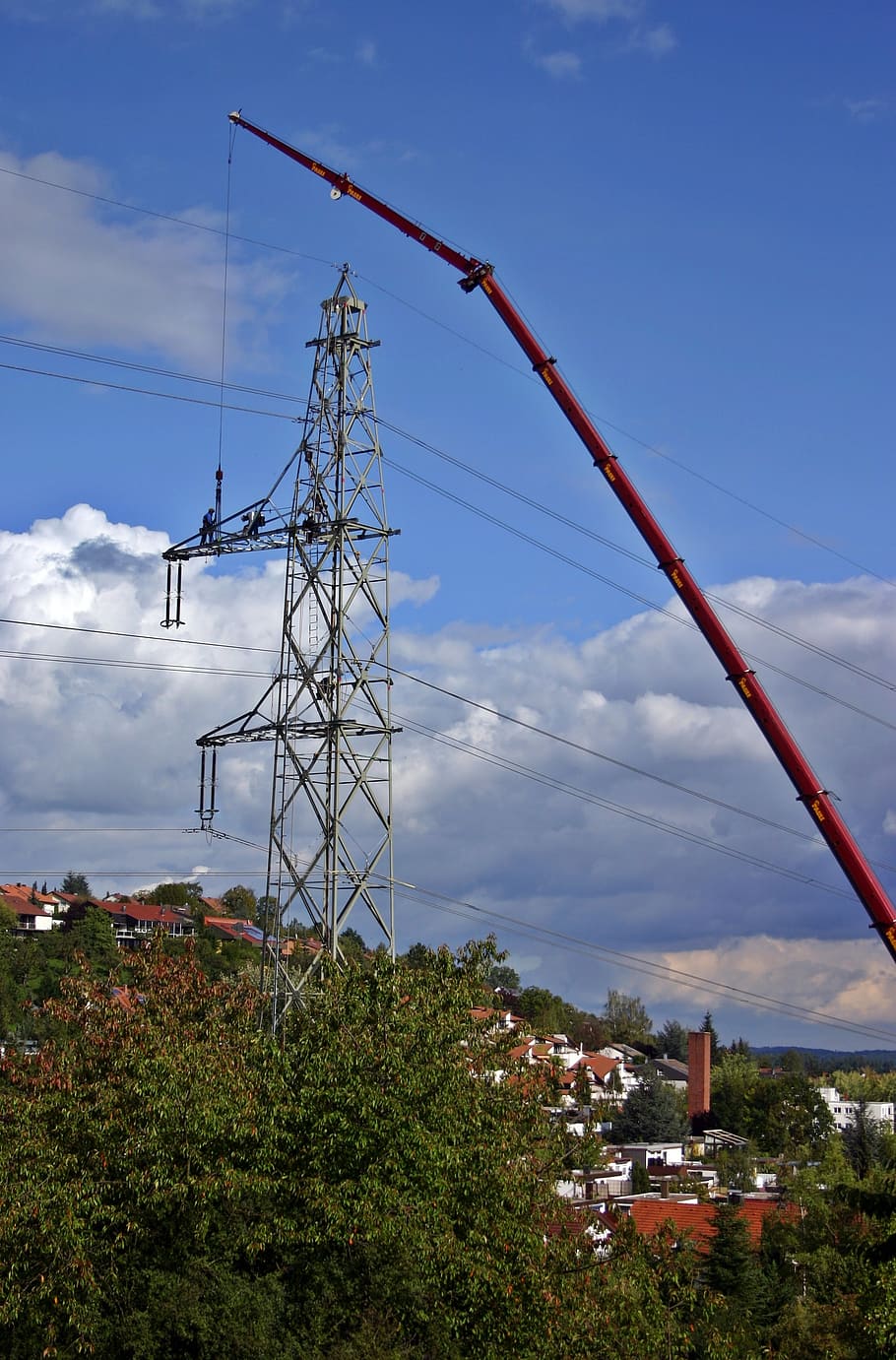 linea elettrica, Manutenzione, lavoratori, riparazione, alta tensione, villaggio, le case, cielo, energia, attuale, Alimentazione elettrica