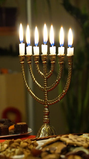 mosazově zbarvená menora, svíčky, menorah, světlo, hořící, náboženský, bible, hebrejský lampáš, judaismus, symbol, antický
