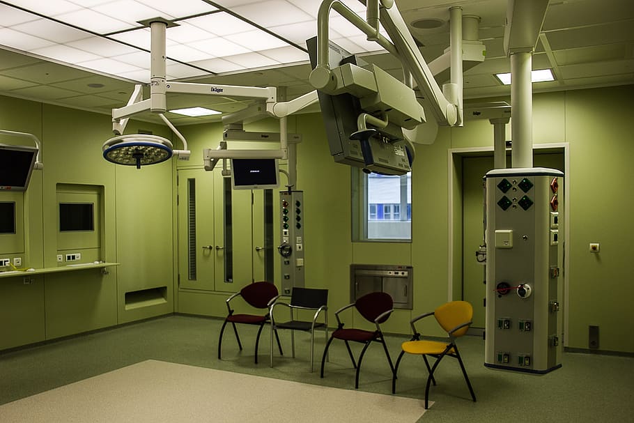 white, steel equipment, inside, room, steel, equipment, hospital, operating room, care, building, chair