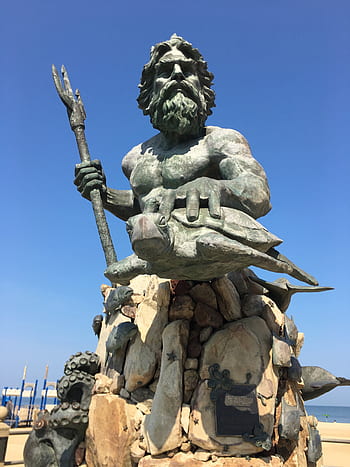 král, Neptune, trojzubec, slavný, turista, mezník, památník, socha