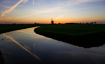 řeka, travnaté hřiště, oranžový, západ slunce, tělo, voda, fotografie, soumrak, temný, nebe, větrný mlýn