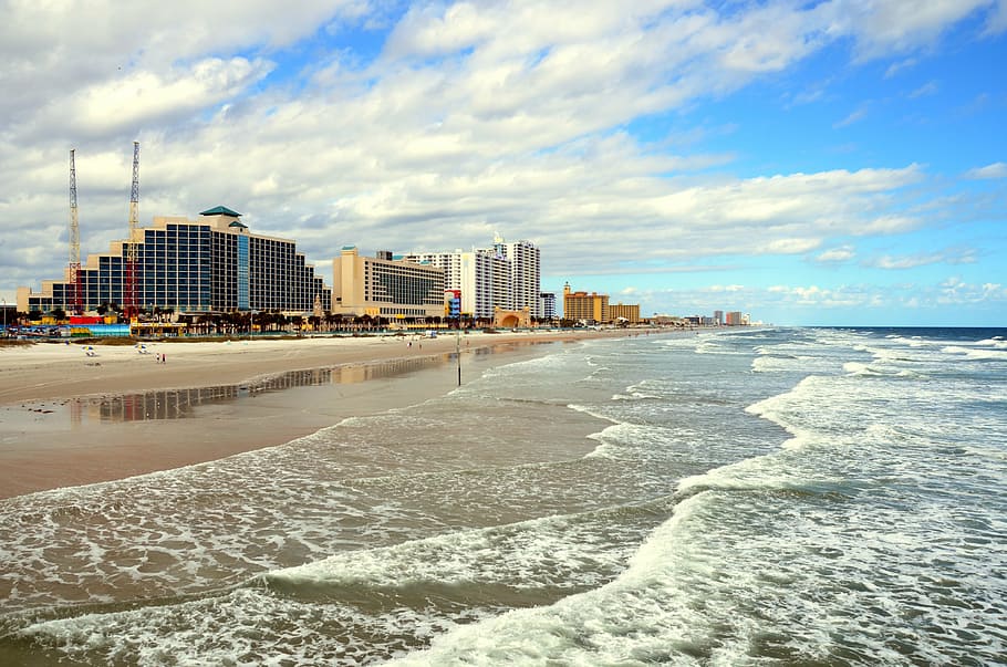 buildings, ocean water, daytime, daytona beach, florida, beach, ocean, sky, sand, blue, sea
