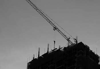 silhouette, building, gray, scale, architecture, infrastructure, sky, black and white, construction, crane, construction site