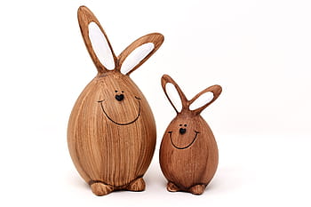 two, brown, wooden, animal decors, rabbit, easter bunny, easter, funny, figures, decorative, cute