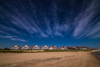 white, houses, seashore, blue, house, sky, clouds, road, street, home, architecture